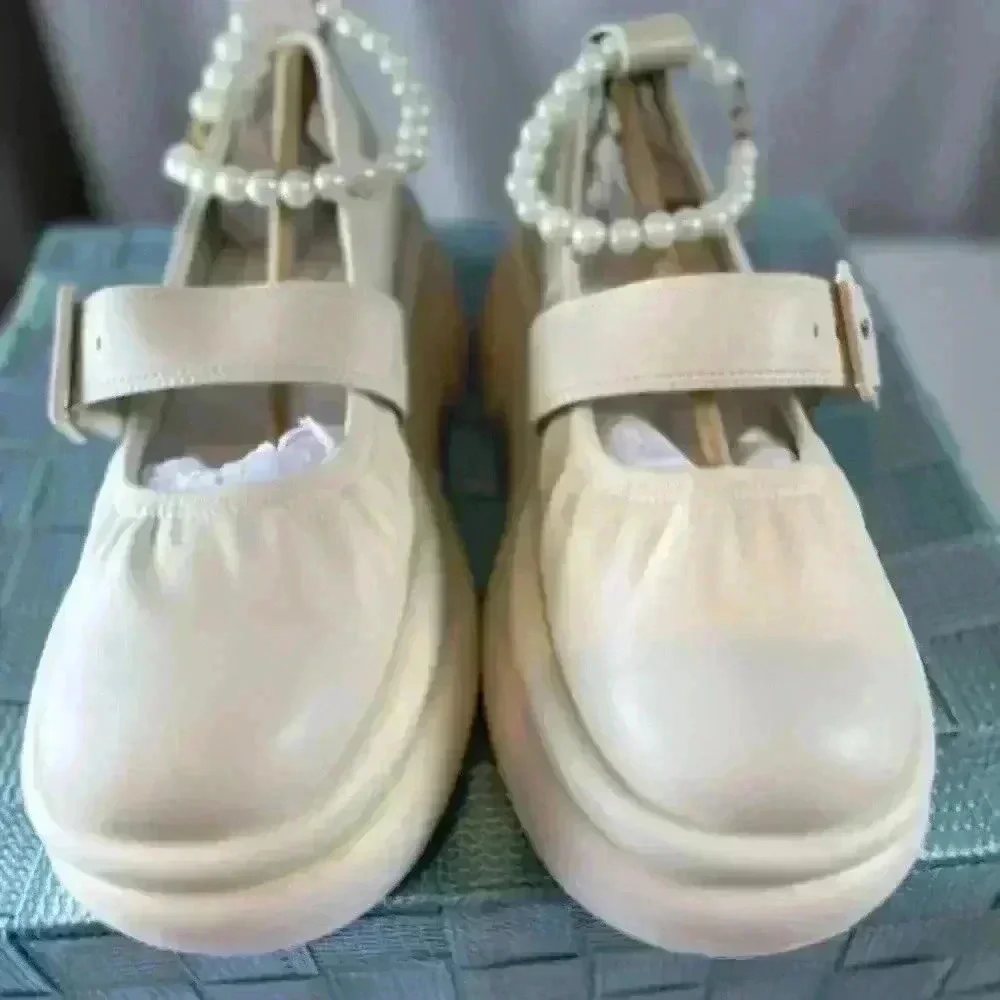 👑👑Charles & Keith Women's Chalk Nola Beaded Strap Platform Ivory Size 6.5